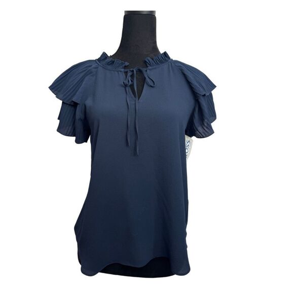 DKNY Ruffle Pleated Blouse Navy - Picture 2 of 9